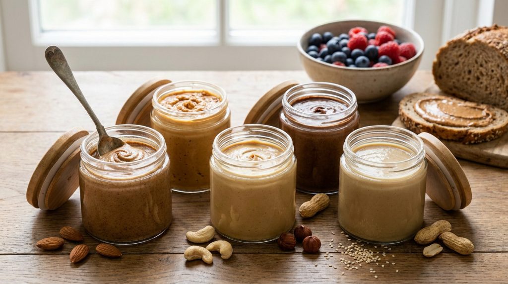 Plusieurs pots de purées d'oléagineux (amandes, cacahuètes, noisettes, sésame) avec fruits, pain et noix sur table en bois.
