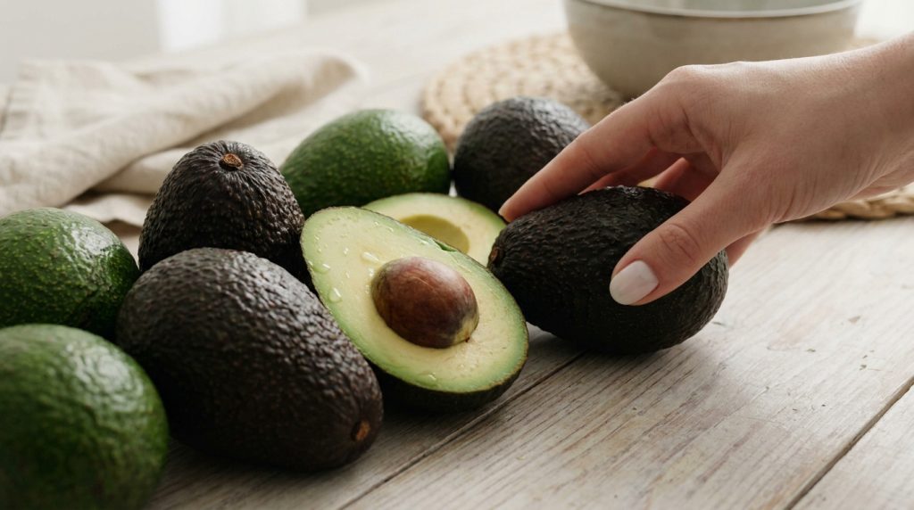 Main sélectionnant un avocat mûr parmi d'autres verts et foncés, dont un coupé en deux sur une table en bois.