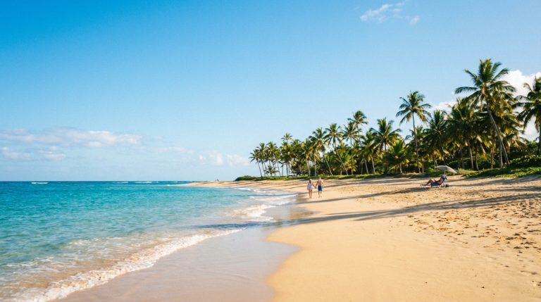 Plage de sable fin bordée de palmiers sous un ciel bleu. L'océan turquoise est agité de petites vagues. Deux personnes marchent, une autre se repose.