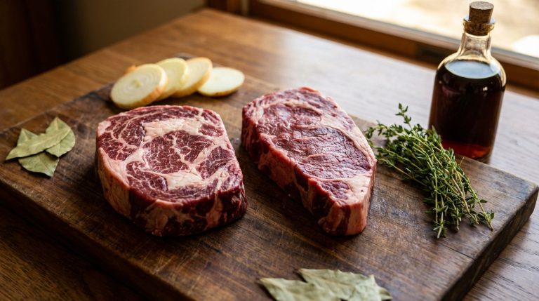 Deux belles pièces de bœuf cru marbré, oignons, thym, laurier et bouteille sur planche en bois rustique.