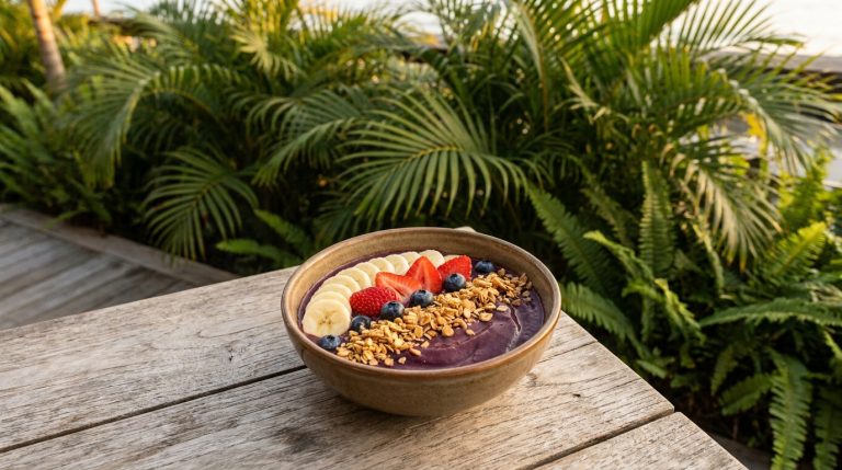 Bol d'açaï violet avec bananes, fraises, myrtilles, granola sur table en bois, fond de palmiers et fougères.
