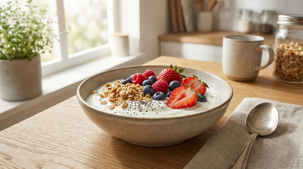 Bol de yaourt blanc crémeux avec fraises, framboises, myrtilles, granola et graines de chia, sur une table en bois clair près d'une fenêtre.