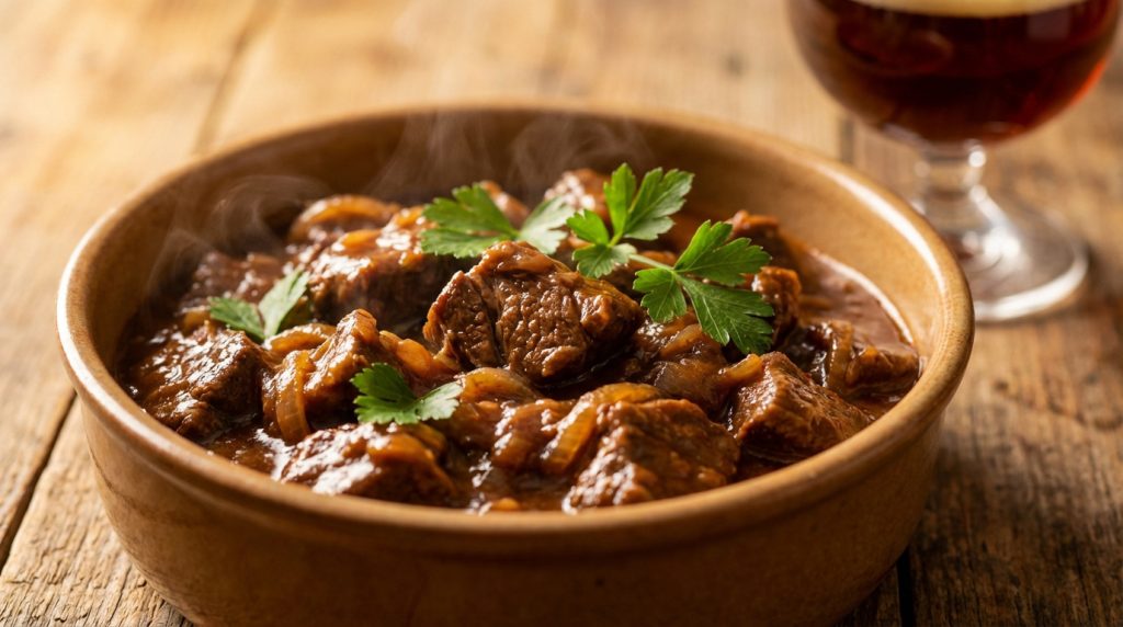 Un plat de carbonade flamande fumante garnie de persil frais, posé sur une table en bois rustique, avec une bière en arrière-plan.