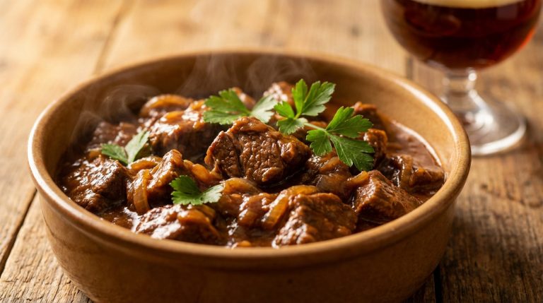 Un plat de carbonade flamande fumante garnie de persil frais, posé sur une table en bois rustique, avec une bière en arrière-plan.