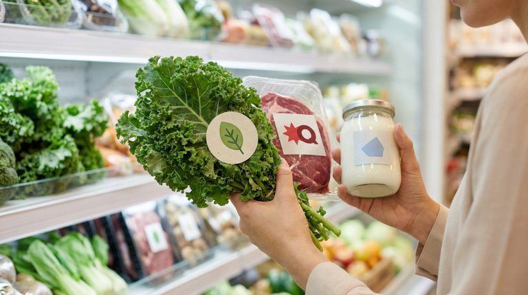 Mains comparant des produits avec labels en supermarché: chou frisé (feuille), steak (Q), et pot de yaourt.