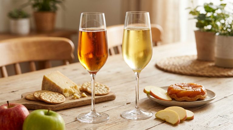Deux verres de cidre (brut et doux) avec du fromage, des crackers, une tarte Tatin et des pommes sur une table en bois.
