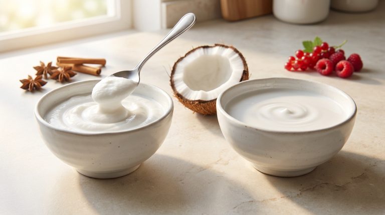 Deux bols, l'un de crème de coco épaisse, l'autre de lait de coco liquide, avec une noix de coco fendue et des fruits rouges.