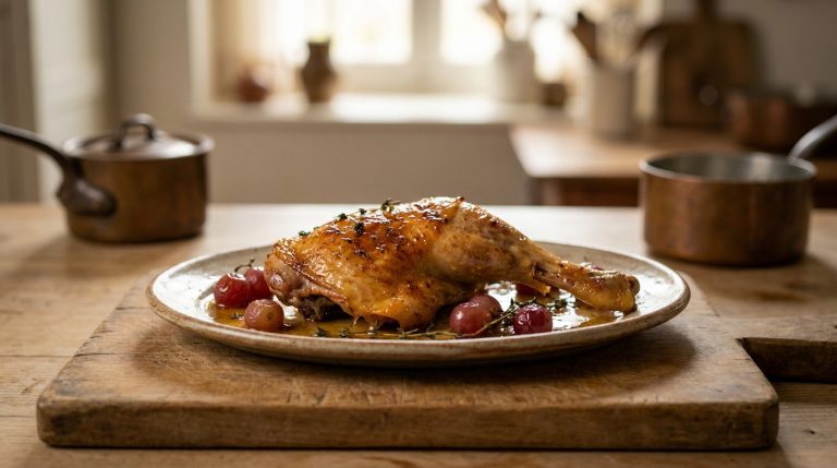 Cuisse de pintade rôtie dorée avec raisins et thym sur une assiette en céramique, sur une planche en bois dans une cuisine lumineuse.