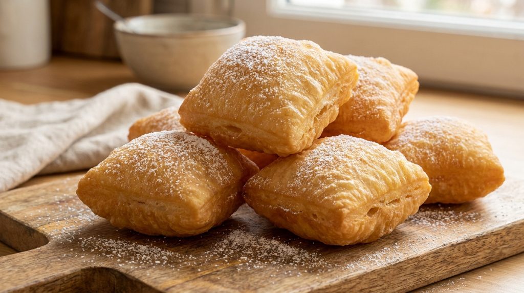 Un tas de pâtisseries carrées dorées et gonflées, généreusement saupoudrées de sucre glace, sur une planche en bois.