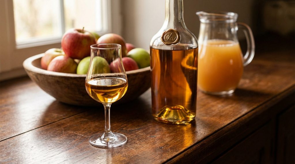 Un verre de pommeau, une bouteille scellée, un pichet de jus de pomme et un bol de pommes sur une table en bois.