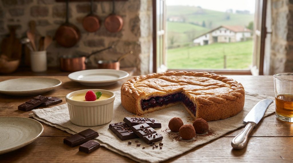 Table en bois garnie d'un gâteau basque aux cerises, crème, chocolats et truffes, devant une fenêtre ouverte sur un paysage verdoyant basque.