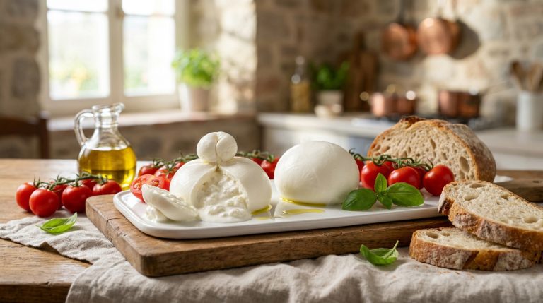 Une burrata crémeuse ouverte et une boule de mozzarella, avec tomates, basilic, pain et huile d'olive sur table rustique.