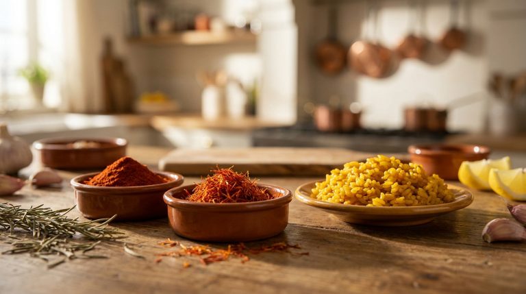 Un bol de paprika, de safran et du riz jaune avec de l'ail, du romarin et du citron sur une table en bois dans une cuisine.