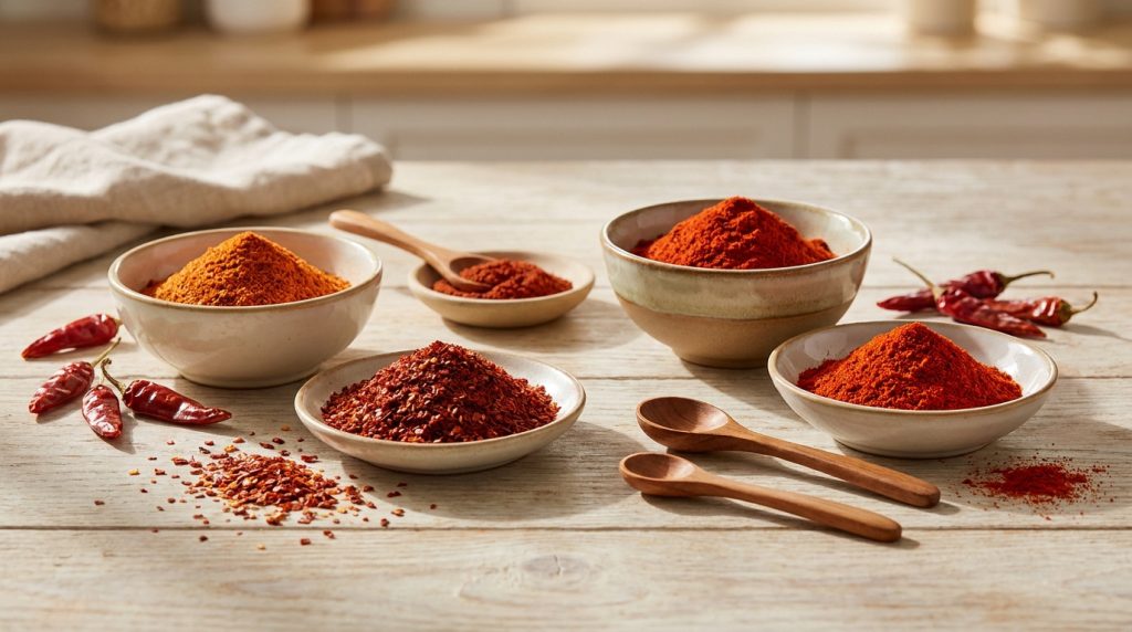 Plusieurs bols de piment rouge en poudre et flocons, des piments séchés entiers et cuillères en bois sur une table claire.