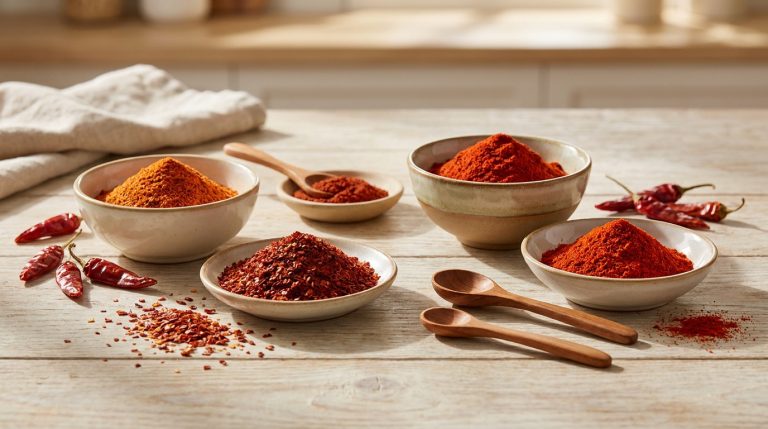 Plusieurs bols de piment rouge en poudre et flocons, des piments séchés entiers et cuillères en bois sur une table claire.