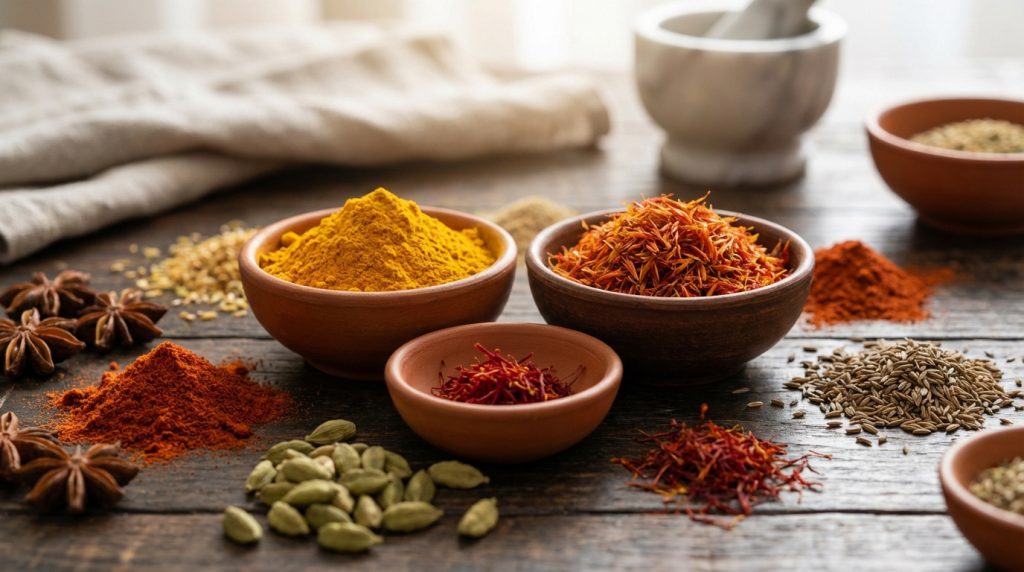 Épices variées sur une table en bois, dont du curcuma et des filaments de carthame, alternatives au safran. Anis étoilé et cardamome.
