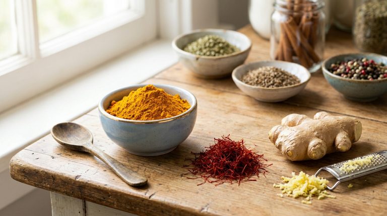 Poudre de curcuma, safran, gingembre frais et râpé, et autres épices dans des bols sur une table en bois.