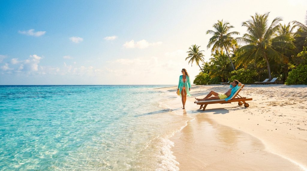Un couple profite d'une plage tropicale paradisiaque. Une femme marche le long de l'eau turquoise, un homme se détend sur un transat.