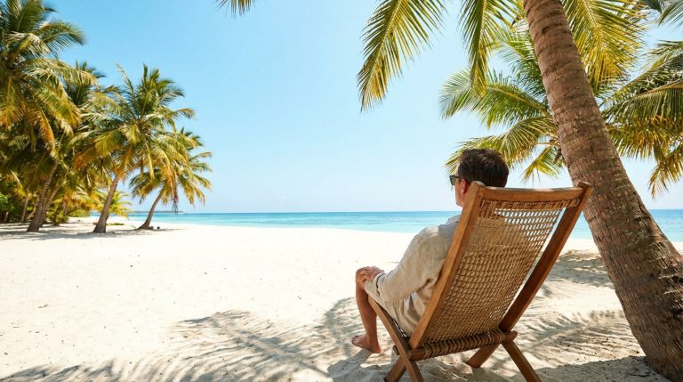 Un homme en chemise claire est assis sur une chaise de plage, contemplant une étendue de sable blanc, une mer turquoise et des palmiers sous un ciel bleu.