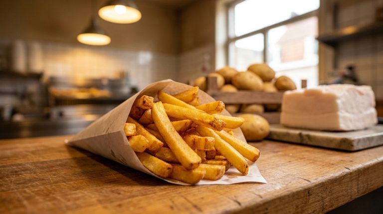 Cornet de frites belges dorées sur comptoir en bois, avec pommes de terre et bloc de blanc de bœuf en arrière-plan.