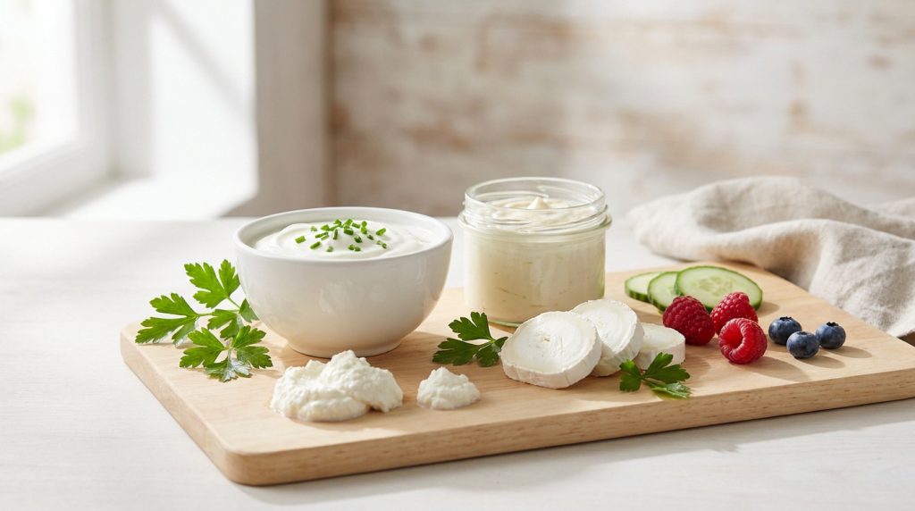 Planche de fromages frais et légers : fromage blanc, chèvre, concombre, framboises, myrtilles. Une option saine et gourmande.