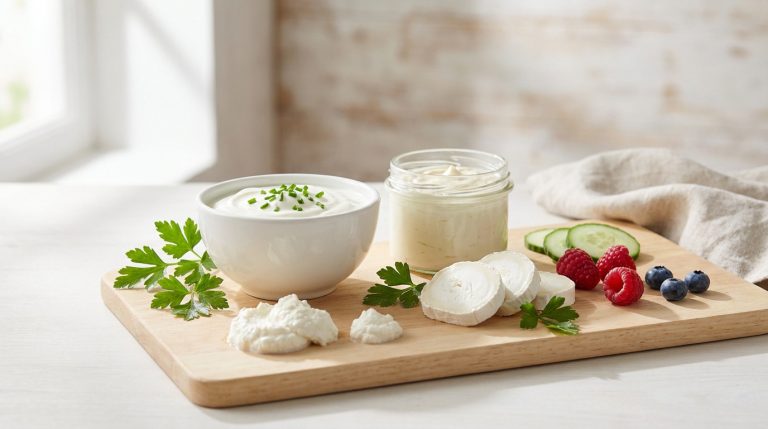 Planche de fromages frais et légers : fromage blanc, chèvre, concombre, framboises, myrtilles. Une option saine et gourmande.