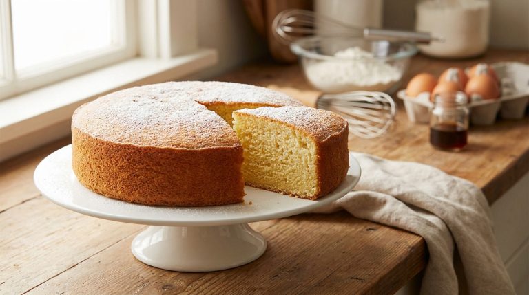Gâteau génoise rond et doré sur un présentoir blanc, avec une part coupée révélant une mie légère, saupoudré de sucre glace sur un comptoir en bois.