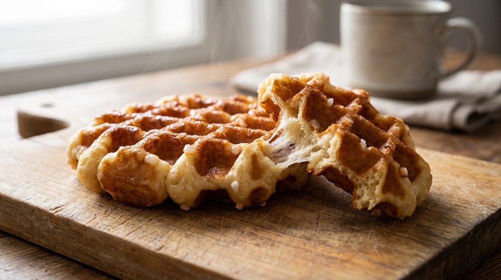 Gaufre de Liège dorée, partiellement cassée, révélant sa mie filante et ses perles de sucre, sur une planche en bois près d'une tasse.