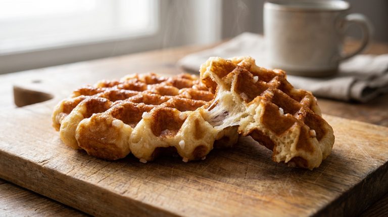 Gaufre de Liège dorée, partiellement cassée, révélant sa mie filante et ses perles de sucre, sur une planche en bois près d'une tasse.