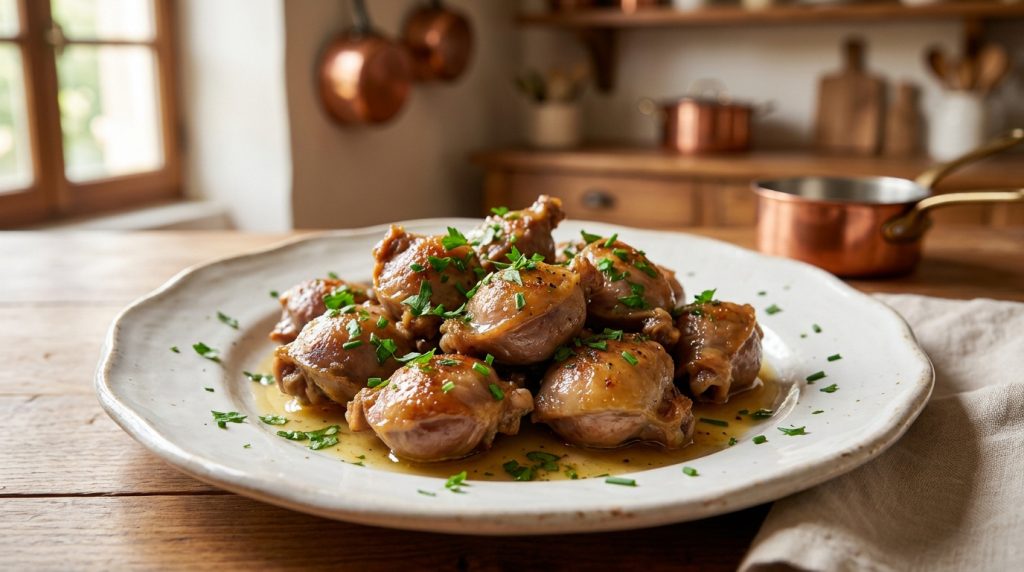 Plat de gésiers confits dorés dans leur jus, garnis d'herbes fraîches, sur une table en bois dans une cuisine rustique.