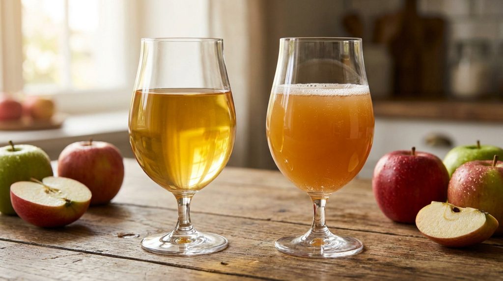 Deux verres de jus de pomme clair et de cidre trouble, avec des pommes fraîches rouges et vertes sur une table en bois rustique.