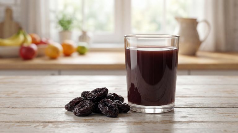 Verre de jus de pruneaux sombre à côté d'une pile de pruneaux sur une table en bois clair. Cuisine lumineuse en arrière-plan.