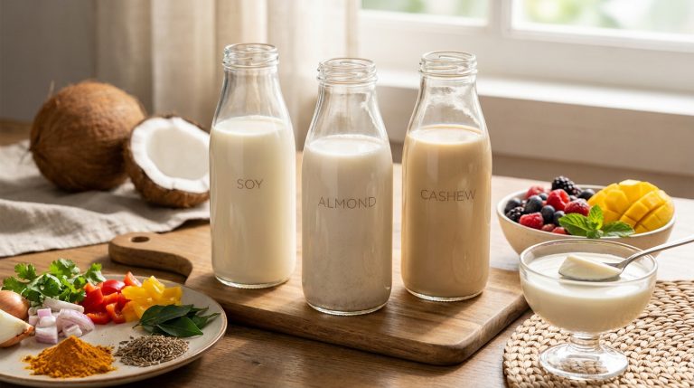 Trois bouteilles de laits végétaux (soja, amande, cajou) sur une planche en bois. Noix de coco, fruits rouges et épices.