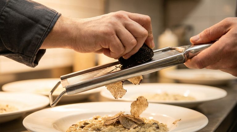 Mains d'un chef râpant des lamelles de truffe noire fraîche avec une mandoline sur un risotto crémeux prêt à être servi.