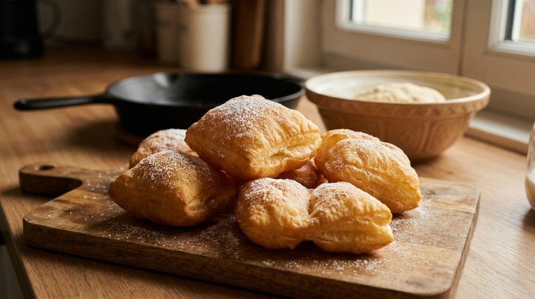 Pile de merveilles dorées, gonflées et légères, saupoudrées de sucre glace, sur planche en bois en cuisine avec poêle et bol en arrière-plan.