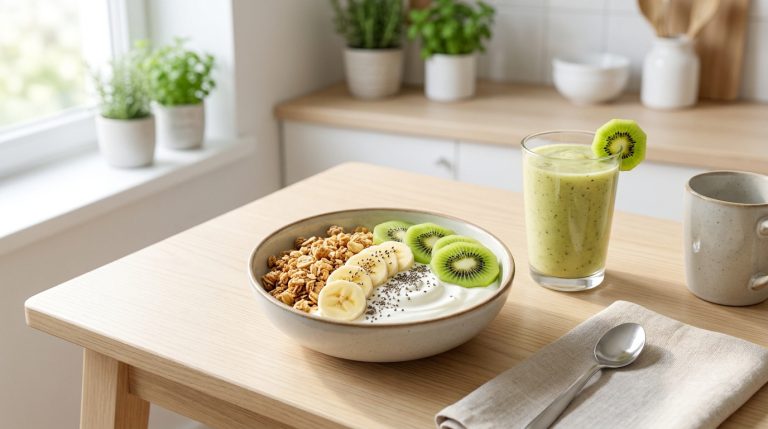 Bol de yaourt avec granola, banane, kiwi, graines de chia et un smoothie kiwi-banane sur une table en bois clair.