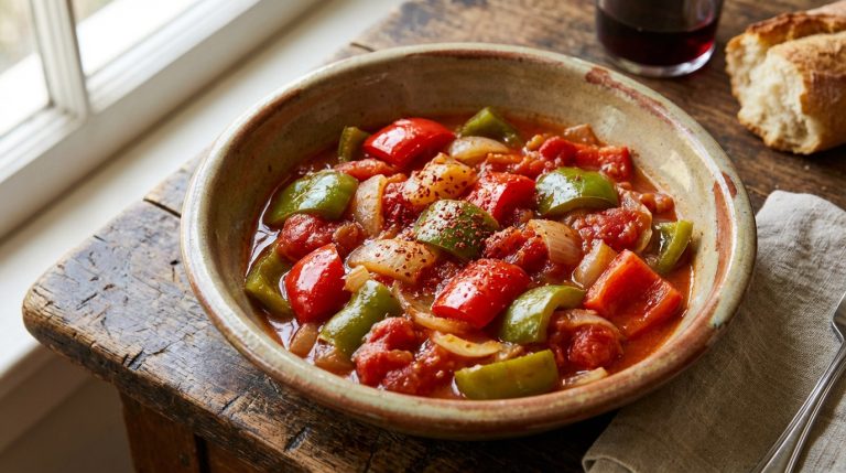 Bol de piperade basque garnie de poivrons rouges et verts, tomates et oignons, sur table en bois. À côté: pain, vin.