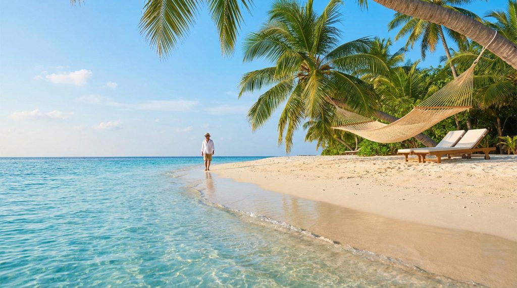Homme marchant sur une plage tropicale de sable blanc. L'océan turquoise, des palmiers, un hamac et des transats sont visibles.