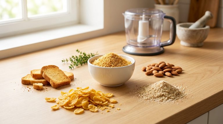 Ingrédients pour chapelure sans pain sur un comptoir : flocons de maïs, amandes, chapelure, biscottes, mixeur et mortier.
