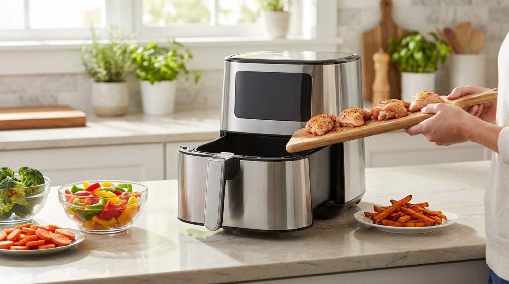 Une personne met des morceaux de poulet assaisonnés dans un airfryer. Des légumes frais et des frites de patate douce sont sur le comptoir.