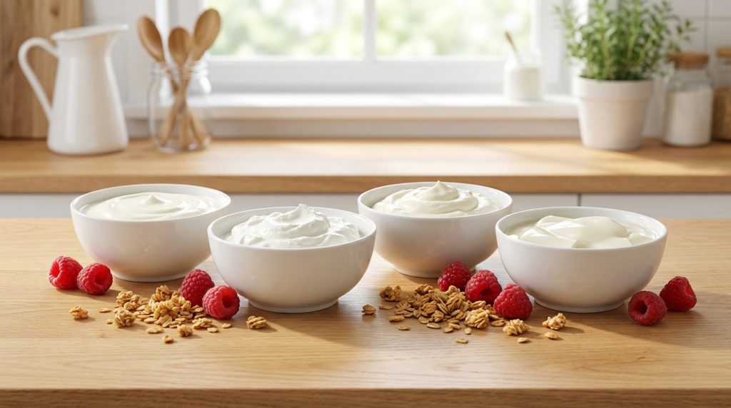 Quatre bols de produits laitiers ou alternatives végétales crémeux, framboises et granola sur un comptoir en bois.
