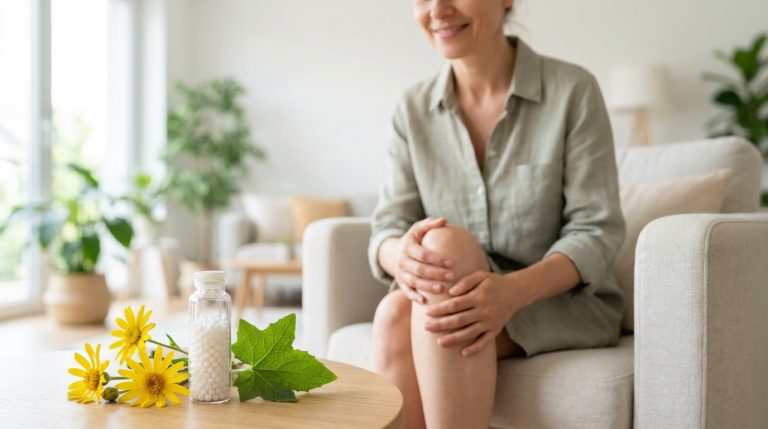 Femme souriante tenant son genou, granules homéopathiques et fleurs d'Arnica sur table en bois. Symbole de soulagement naturel.