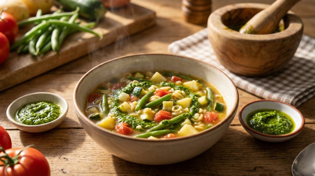Soupe au pistou niçoise chaude avec haricots verts, pommes de terre, tomates, courgettes et pâtes, garnie de pistou frais, sur une table en bois.
