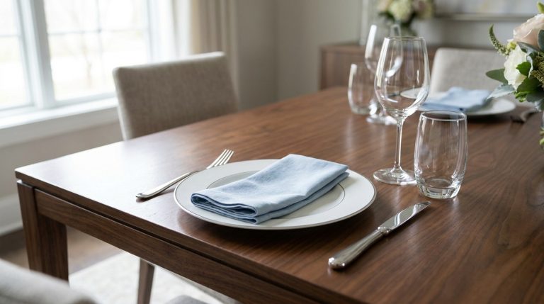 Une table en bois dressée avec une assiette, une fourchette à gauche, un couteau à droite, une serviette bleue et des verres.