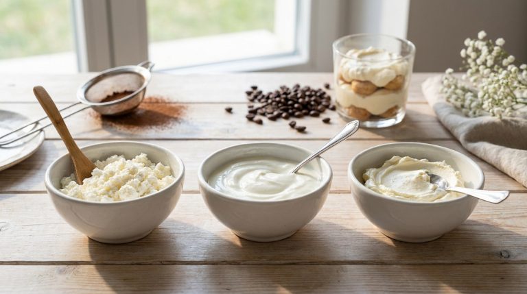 Trois bols d'alternatives au mascarpone (fromage frais, yaourt, crème) sur une table en bois avec un tiramisu et des grains de café.