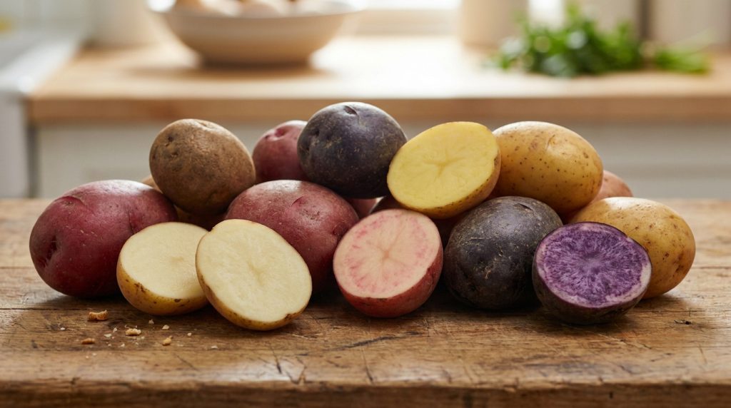 Pile de pommes de terre de diverses variétés (rouges, jaunes, violettes), entières et coupées, sur une table en bois.