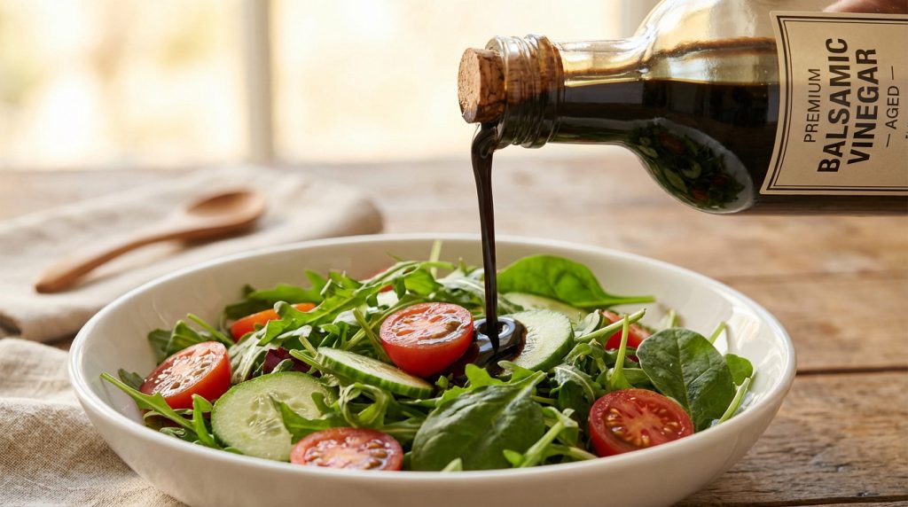 Une main verse du vinaigre balsamique sur une salade de roquette, tomates et concombres dans un bol blanc sur une table en bois.
