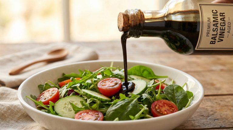 Une main verse du vinaigre balsamique sur une salade de roquette, tomates et concombres dans un bol blanc sur une table en bois.
